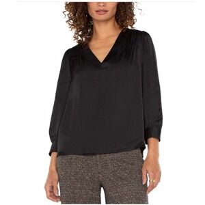 Liverpool Los Angeles Pleated V-Neck Satin Top Black 3/4 Sleeve Blouse SMALL